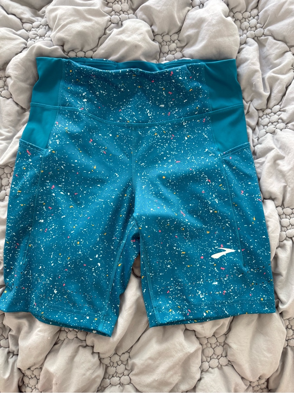 Brooks Method Women’s Teal High-Waist Workout Shorts with Speckle Print
